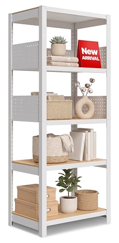 HOMEDANT House パンチングパネル棚組立簡単パンチングボード有孔ボードフック対応 スチールラック 5段 幅60 奥行40 高さ150 ホワイト ラミネートホームダント高さ調整可能 収納棚 キッチン リビング 書斎 玄関 室内用 1