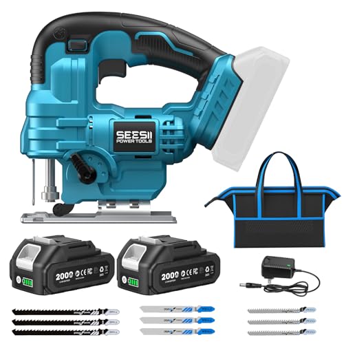 SEESII ジグソー 充電式 電動ノコギリ 18Vマキタ互換バッテリー対応 木材・金属・プラスチック切断用 コードレス 高出力 LEDライト付き バッテリー2個・日本語取扱説明書付 型番JS01 1