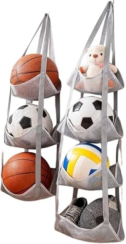 ボールホルダー ウォールポケット 3段/4段 省スペース 吊り下げ収納 壁面収納 ボール置き サッカーボール バスケットボール ガレージ ぬいぐるみおもちゃ収納ボックス コレクション 見せる収納 玄関 (3段タイプ,グレー) [並行輸入品] 1