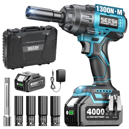 【2026新型】SEESII 電動インパクトレンチ タイヤ交換 1300N・m 強力 ブラシレスモーター ハイパワー 自動停止モード 無段変速 正逆転両用 1/2インチ LEDライト 4000mAhバッテリー 4本ソケット付き 車用 自動車の修理 ナットの締め付け ボルトの緩み 締付工具 過負荷・過熱・放電保護 品番 S13の外観・全体像 画像