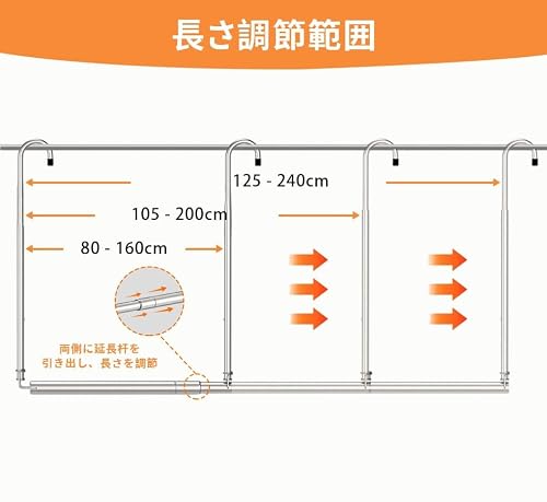物干し竿 布団干し 伸縮式 壁掛け式 穴あけ不要 高さ調節 回転フック 収納が便利 ものほしざお 屋外 室内 布団干しスタンド ものほしざお 晾衣杆 洗濯竿 折りたたみ ざお ステンレス 伸縮物干し竿 つっぱり式 (五段調整)の特徴・詳細 画像