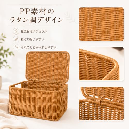 Niesporek 収納バスケット 蓋付き 2個セット 雑貨かご 幅29×奥行19×高さ17cm 収納カゴ ラタンバスケットPP製 籐のかご 洗えるバスケット 野菜ストッカー 籠 耐熱水洗えるの特徴・詳細 画像
