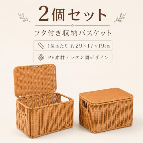 Niesporek 収納バスケット 蓋付き 2個セット 雑貨かご 幅29×奥行19×高さ17cm 収納カゴ ラタンバスケットPP製 籐のかご 洗えるバスケット 野菜ストッカー 籠 耐熱水洗えるの詳細・まとめ 画像