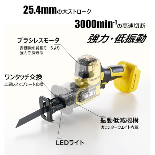 YOIbuy PRO 充電式 レシプロソー 高性能ブラシレスモータ搭載 25.4mm 大ストローク 3000rpm高回転 素早く切断 振動低減機構内蔵 LEDライト付き コードレス 電動ノコギリ マキタ 18V 互換 （バッテリ・充電器別売）YHRS-P26-1の詳細・まとめ 画像