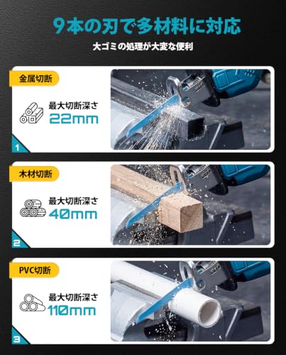 【2026新型】SEESII 充電式レシプロソー 電動のコギリ コードレス 電動ノこぎり 無段変速 安全ロック LEDライト 9本替刃 収納ケース付きの特徴・詳細 画像