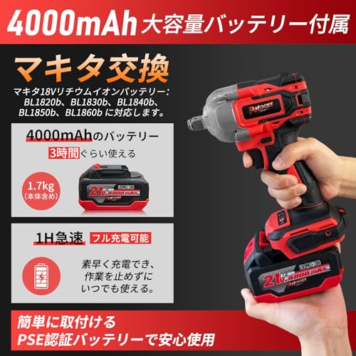 QOLIFE 電動インパクトレンチ 650N・m 強力 インパクトレンチ ブラシレスモーター 無段変速 正逆転両用 2種トルクレンチ対応（1/2"・1/4"） ソケット9本付け 照明ライト付き コードレス タイヤ交換 車用 ナットの締め付け ボルトの緩み 締付工具 過負荷・過熱保護 マキタ21V互換 4000mAhバッテリー 電動レンチ 日本語取扱説明書付き (レッド)の特徴・詳細 画像