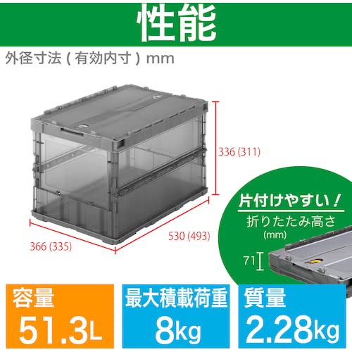 トラスコ中山(TRUSCO) スケルコン スケルトンコンテナ ロックフタ付 収納ケース 収納ボックス 薄型折りたたみコンテナスケル 透明 ブラック 50L TSK-C50B-BKの特徴・詳細 画像