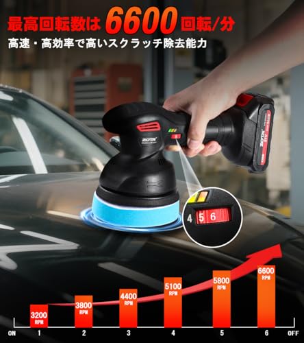 ZOTA ポリッシャー 車，125mm ダブルアクション ポリッシャー コードレス 車用 5インチ 21V 電動 マキタ 18V バッテリー 互換 6600回転/分 残量表示 充電式 ハンディタイプ ワックス研磨 プロ仕様 おすすめ【PSE認証済】の特徴・詳細 画像