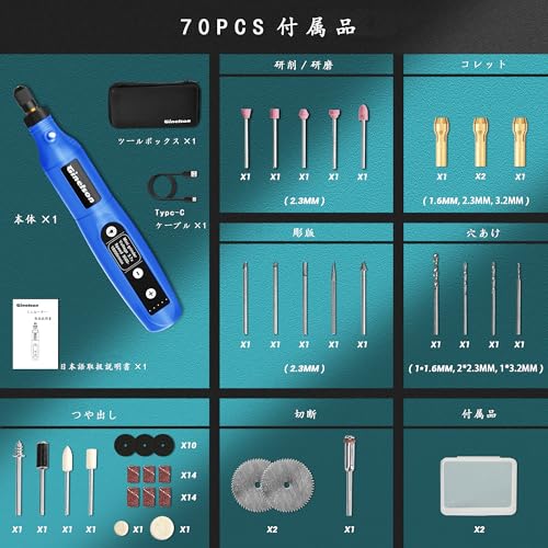 Ginelson ミニルーター 5段変速 70PCS 18000RPM高速回転 照明ライト TYPE-C充電式 コードレス コンパクト 軽量 彫刻/穴あけ/研磨/切断/切削/つや出し/マニキュア/汚れ落とし 軽作業に向け 日本語取扱説明書付きの特徴・詳細 画像