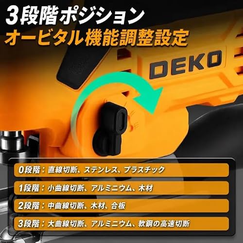 DEKOPRO ジグソー電動 オービタルジグソー DIY 電動工具 切断工具 コード式 6段変速 4段階調節 ±45°多角度調整 木材 プラスチック 金属 家庭用 小型 除塵 吸引・吹き出し掃除機能 ブレード&定規付き 木工 DIY作業 日本語取扱説明書 イエローの特徴・詳細 画像