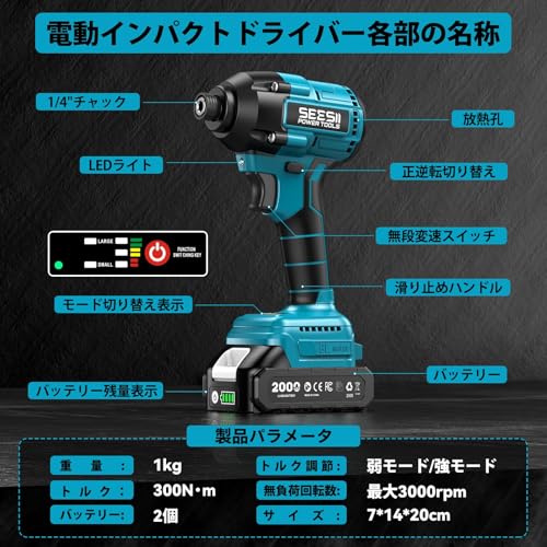 【2026新型】SEESII インパクトドライバー 電動ドライバー 充電式 300N·m ブラシレスモーター採用 4つのモード切り替えの特徴・詳細 画像